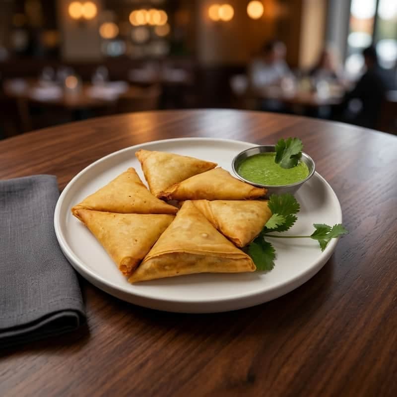 A plate of golden samosas with chutney at Ribs 'n' Kabobs in Artesia, CA, home of RNK Foods