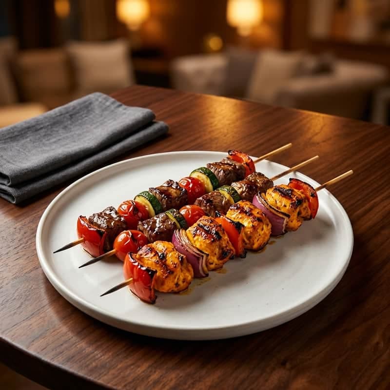 Seekh kabob skewers on the lava rock grill at Ribs 'n' Kabobs in Artesia, CA, the dedicated halal kitchen behind RNK Foods